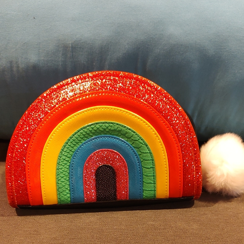 Betsy Johnson Pleather/PU Colorful Rainbow Crossbody with White Pom Pom